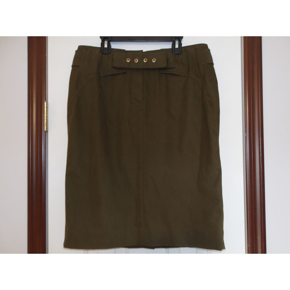 Olive Green Pencil Skirt with Decorative Belt Detail and Gold Grommets